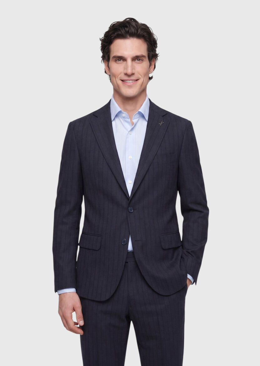 Lacivert Çizgili Zeroweight Slim Fit %100 Yün Takım Elbise - RAMSEY