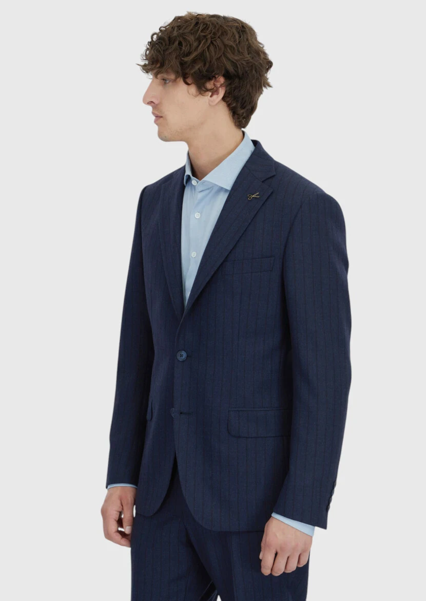 Lacivert Çizgili Zeroweight Slim Fit %100 Yün Takım Elbise - 3