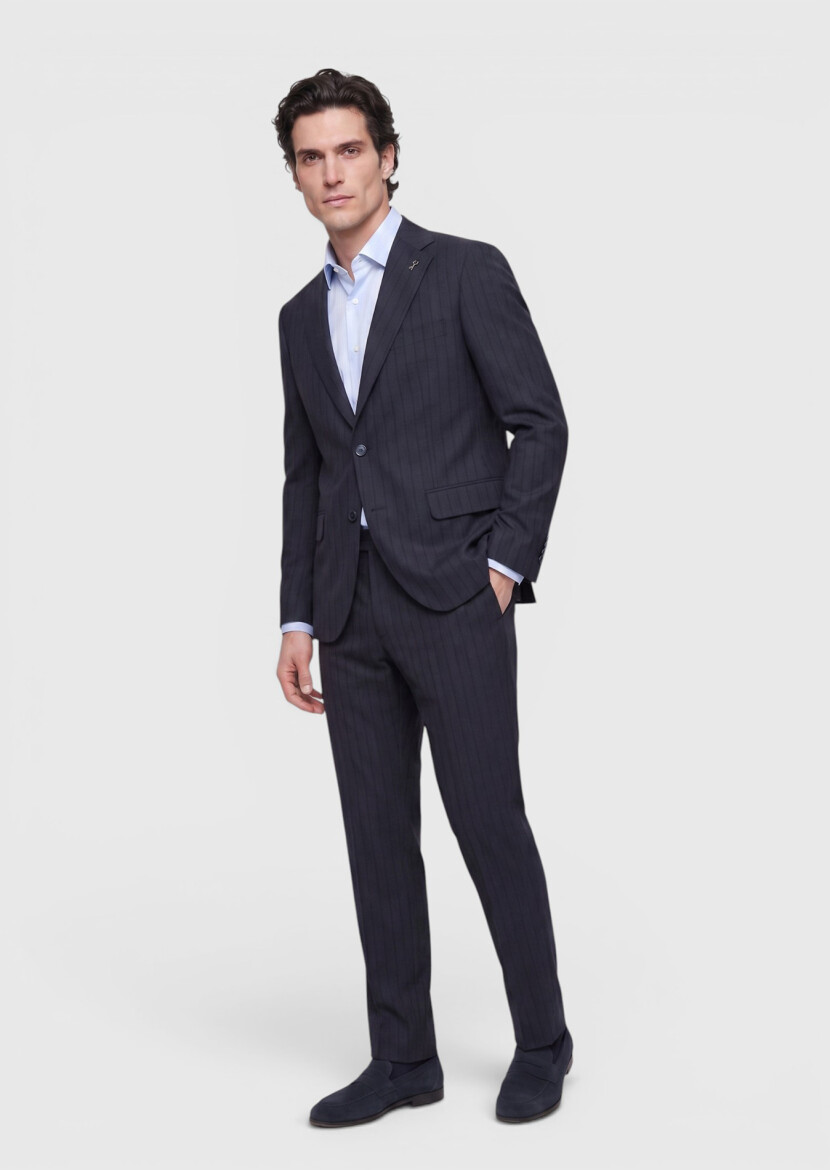 Lacivert Çizgili Zeroweight Slim Fit %100 Yün Takım Elbise - RAMSEY