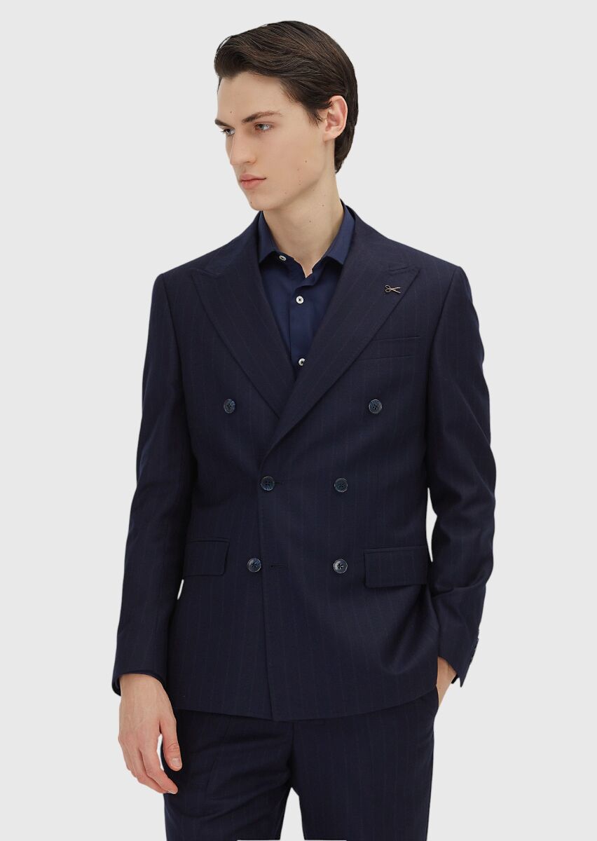 Lacivert Çizgili Zeroweight Slim Fit %100 Yün Takım Elbise - 1