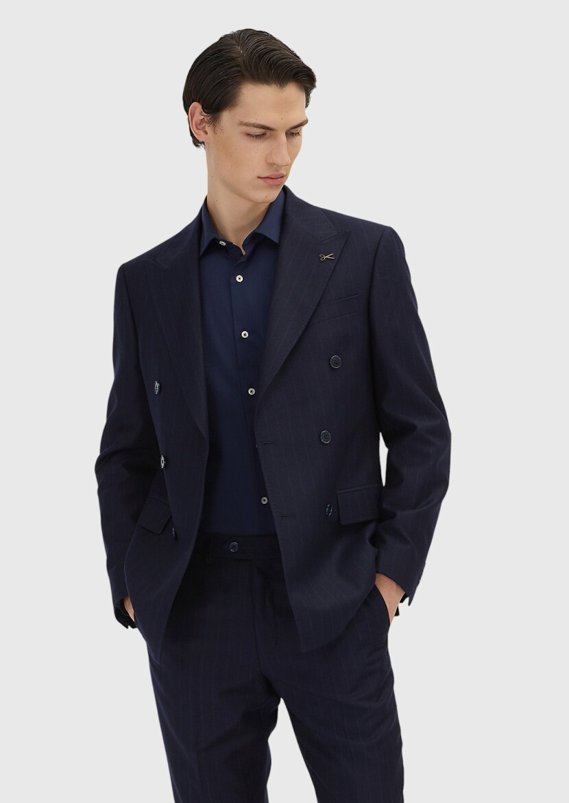 Lacivert Çizgili Zeroweight Slim Fit %100 Yün Takım Elbise - 3