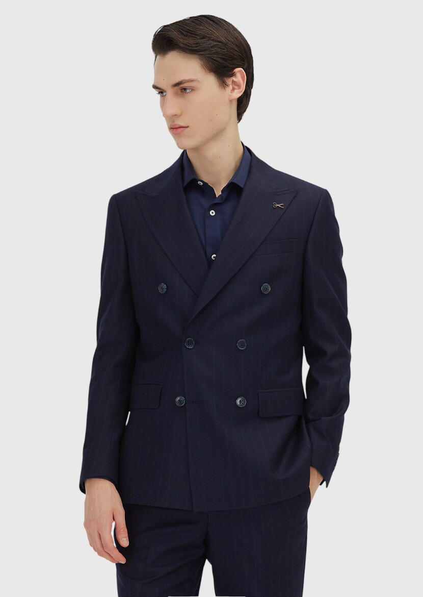 Lacivert Çizgili Zeroweight Slim Fit %100 Yün Takım Elbise - RAMSEY