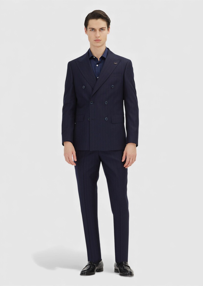 Lacivert Çizgili Zeroweight Slim Fit %100 Yün Takım Elbise - RAMSEY