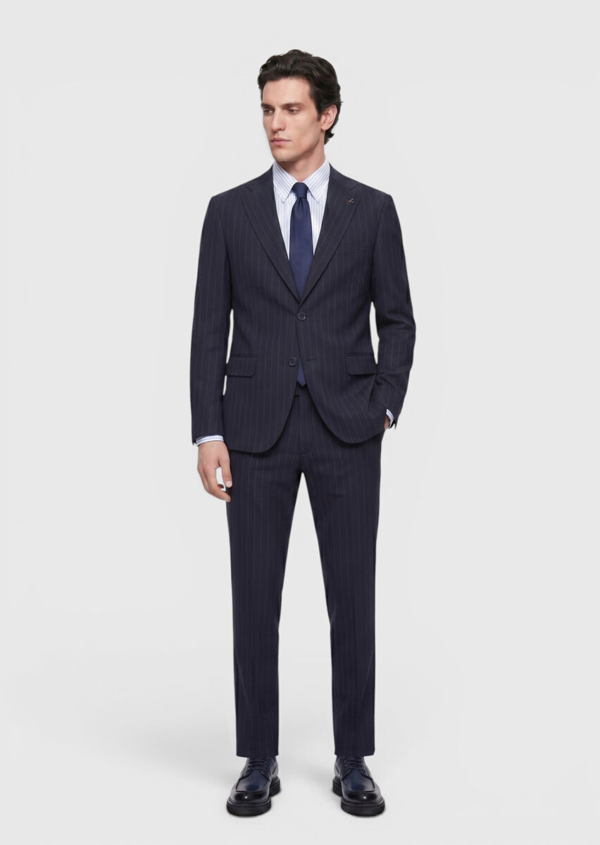Lacivert Çizgili Zeroweight Slim Fit %100 Yün Takım Elbise - 1