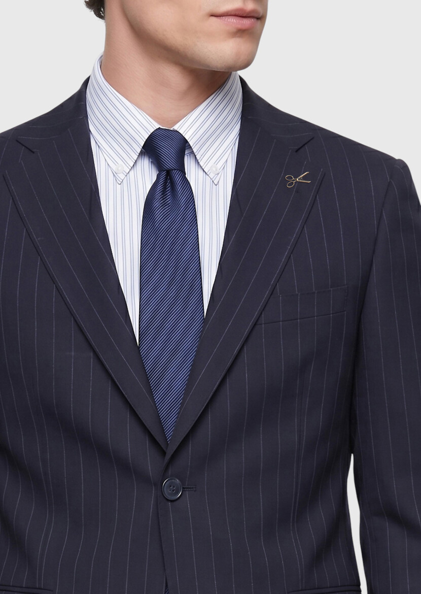Lacivert Çizgili Zeroweight Slim Fit %100 Yün Takım Elbise - 3