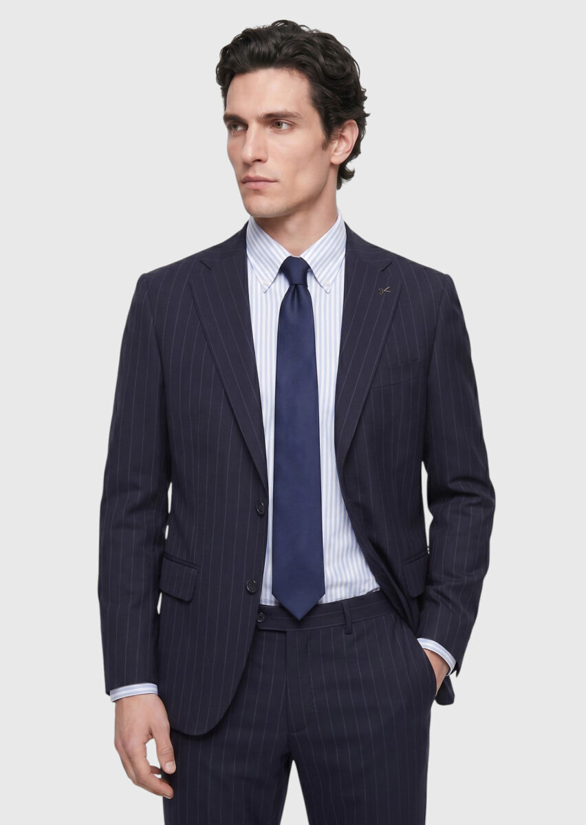 Lacivert Çizgili Zeroweight Slim Fit %100 Yün Takım Elbise - 4