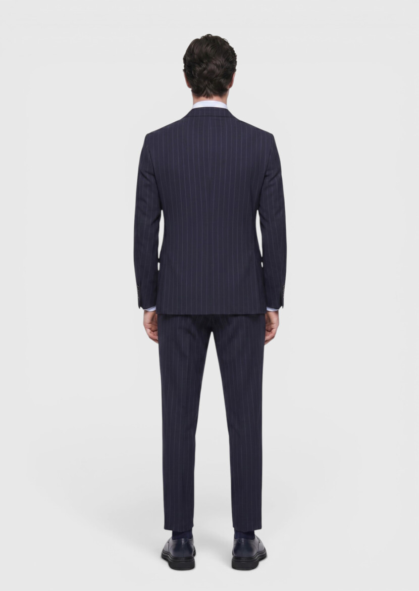 Lacivert Çizgili Zeroweight Slim Fit %100 Yün Takım Elbise - 5