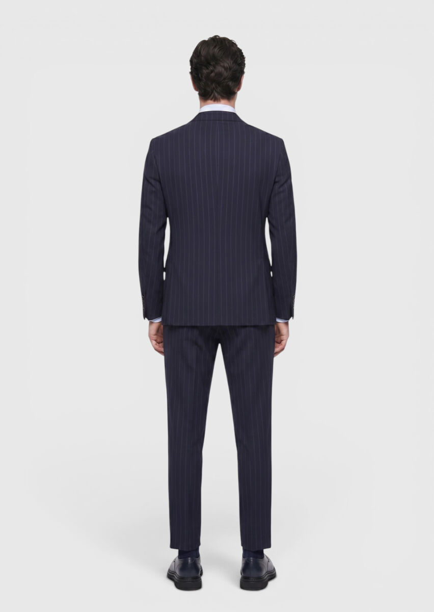 Lacivert Çizgili Zeroweight Slim Fit %100 Yün Takım Elbise - 5