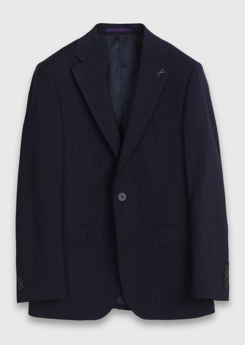 Lacivert Çizgili Zeroweight Slim Fit %100 Yün Takım Elbise - 6