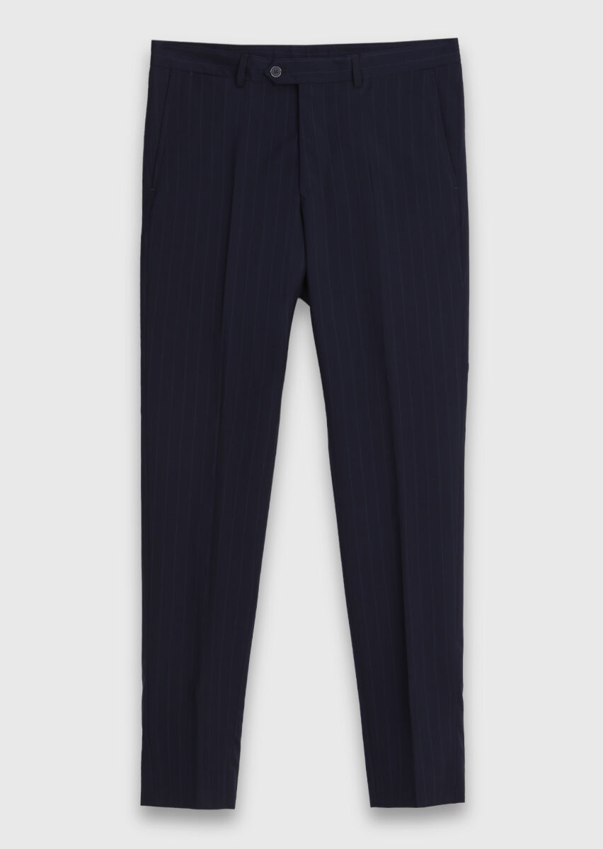 Lacivert Çizgili Zeroweight Slim Fit %100 Yün Takım Elbise - 7