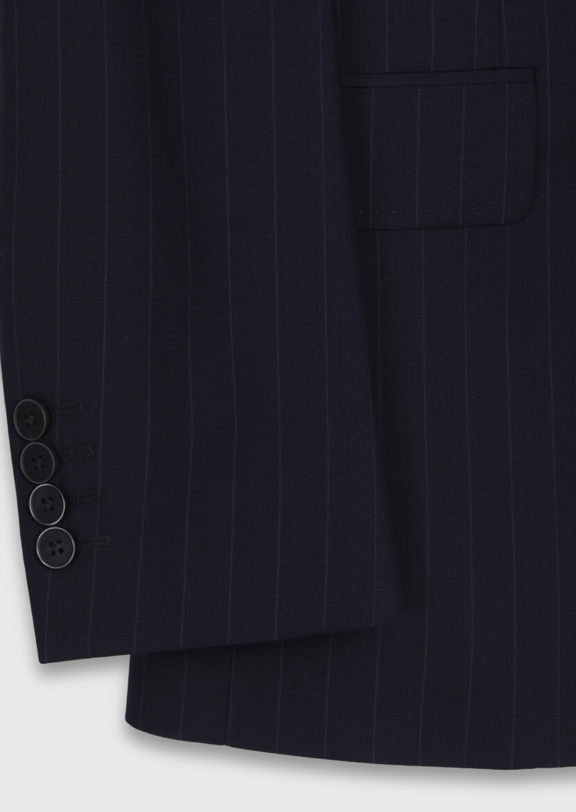 Lacivert Çizgili Zeroweight Slim Fit %100 Yün Takım Elbise - 9