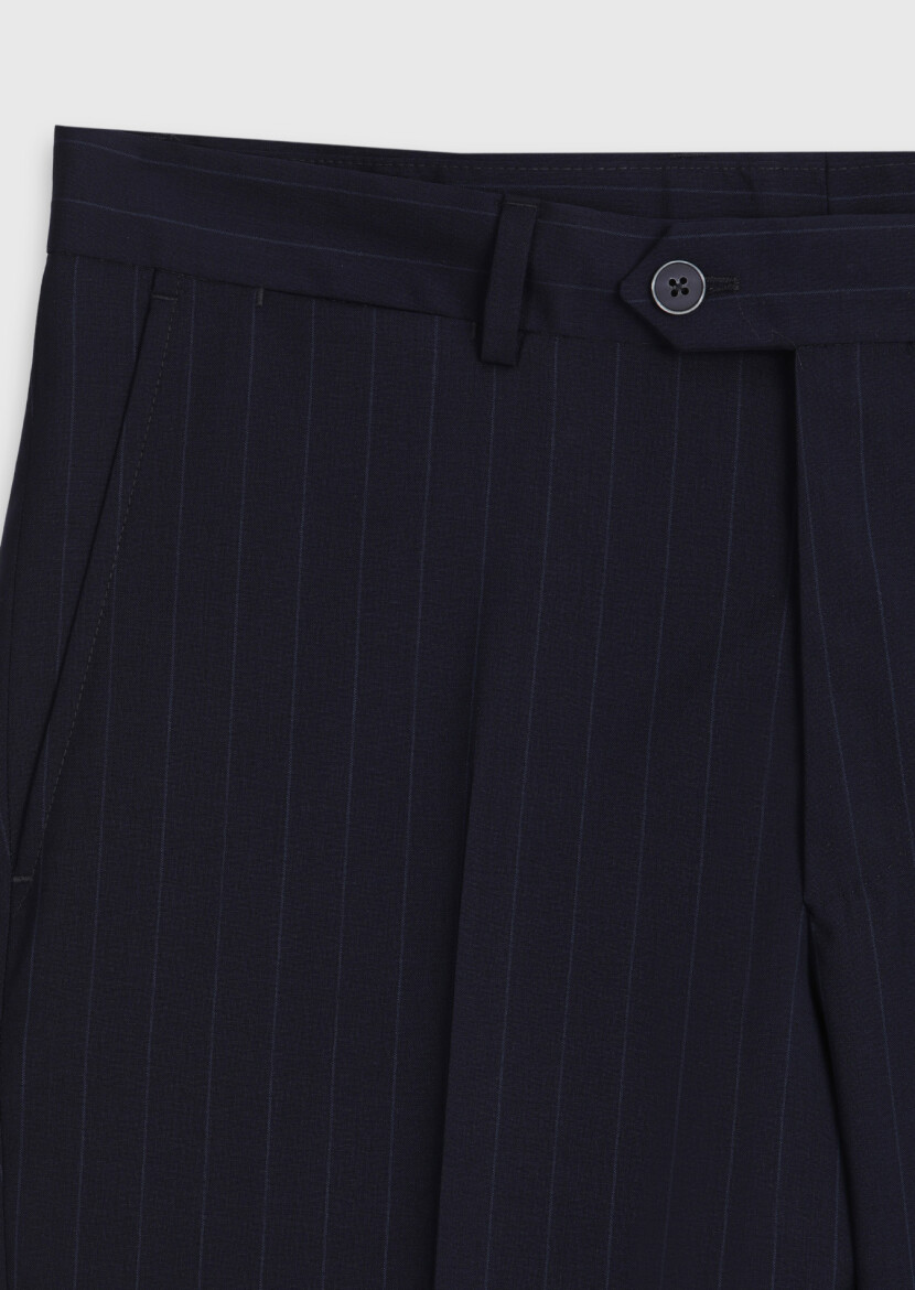 Lacivert Çizgili Zeroweight Slim Fit %100 Yün Takım Elbise - 10