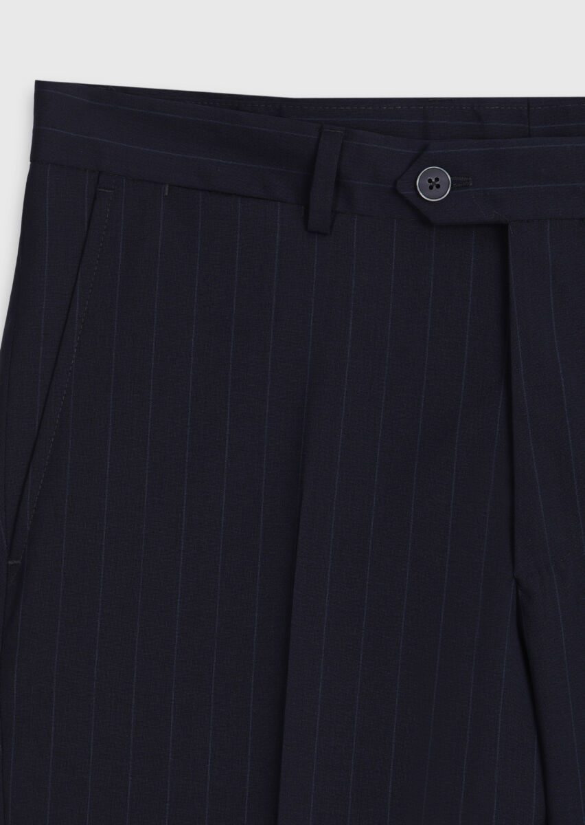 Lacivert Çizgili Zeroweight Slim Fit %100 Yün Takım Elbise - 10