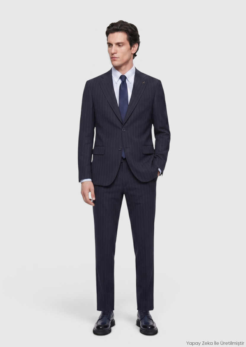 Lacivert Çizgili Zeroweight Slim Fit %100 Yün Takım Elbise - RAMSEY