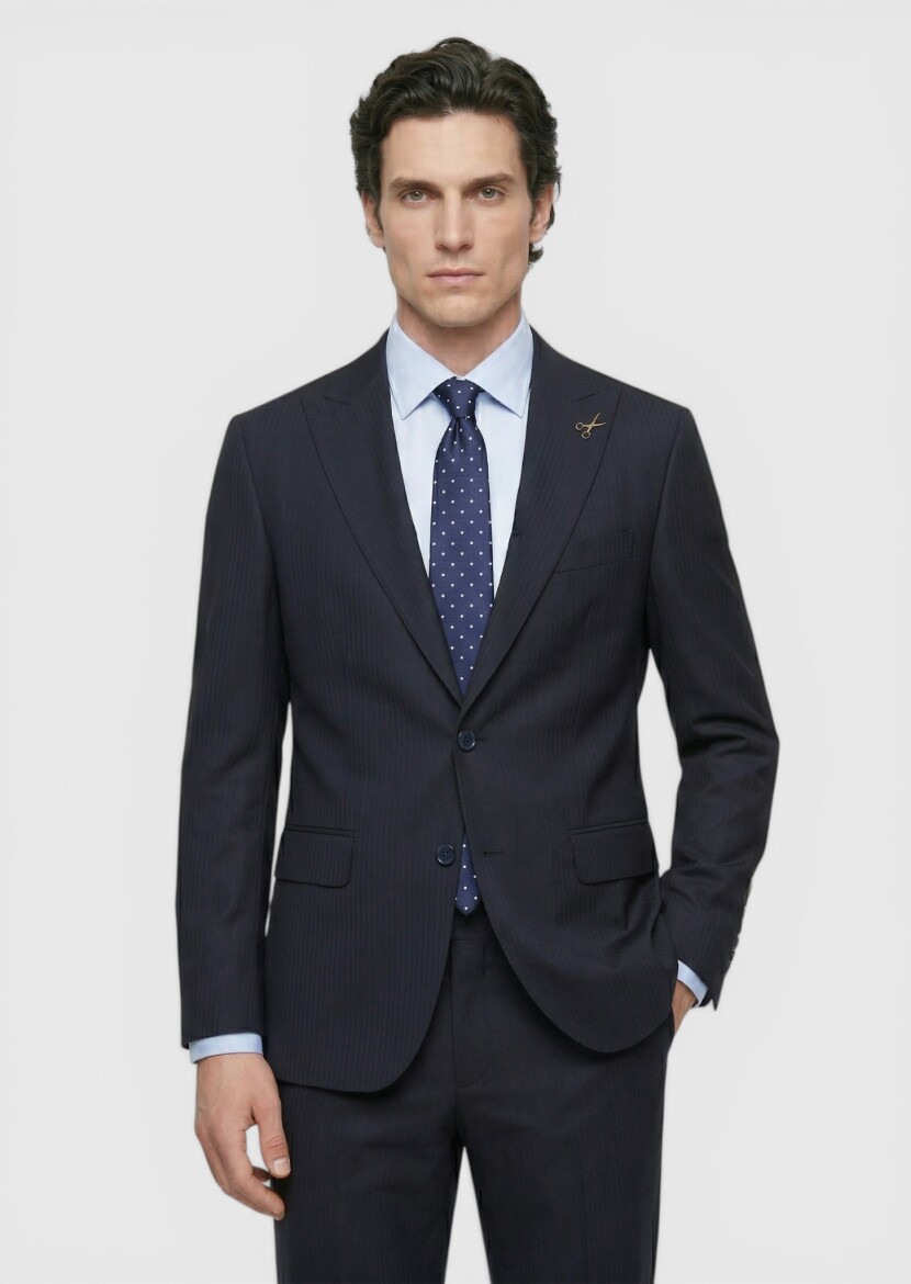 Lacivert Çizgili Zeroweight Slim Fit %100 Yün Takım Elbise - 2