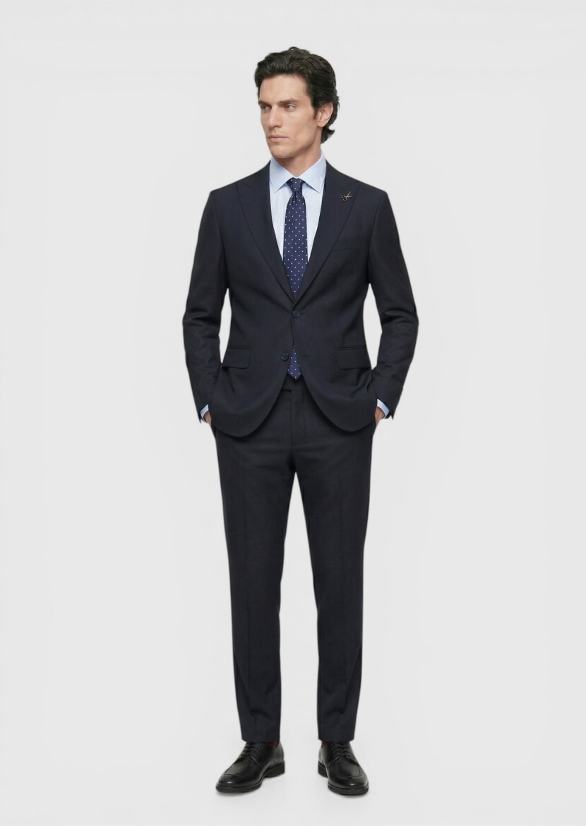 Lacivert Çizgili Zeroweight Slim Fit %100 Yün Takım Elbise - 3