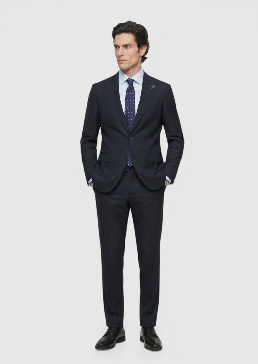 Lacivert Çizgili Zeroweight Slim Fit %100 Yün Takım Elbise - 3