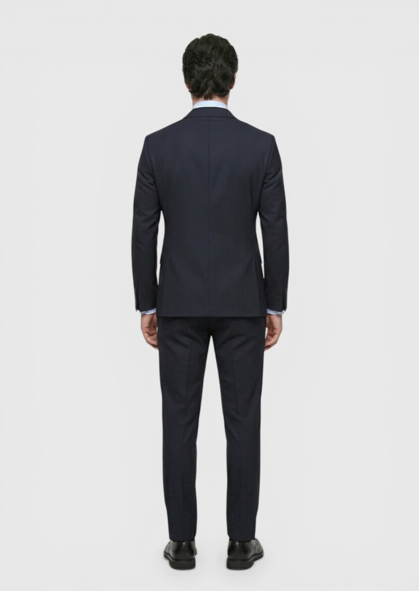 Lacivert Çizgili Zeroweight Slim Fit %100 Yün Takım Elbise - 4
