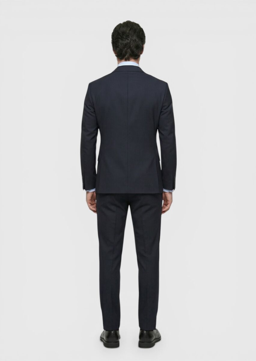 Lacivert Çizgili Zeroweight Slim Fit %100 Yün Takım Elbise - 4
