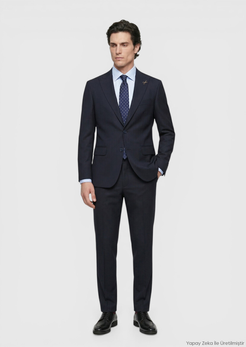 Lacivert Çizgili Zeroweight Slim Fit %100 Yün Takım Elbise - RAMSEY