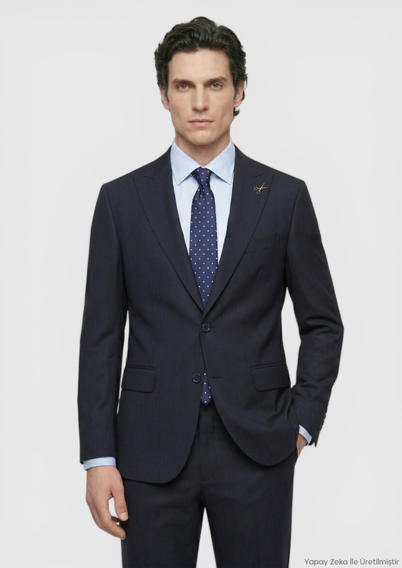 Lacivert Çizgili Zeroweight Slim Fit %100 Yün Takım Elbise - RAMSEY
