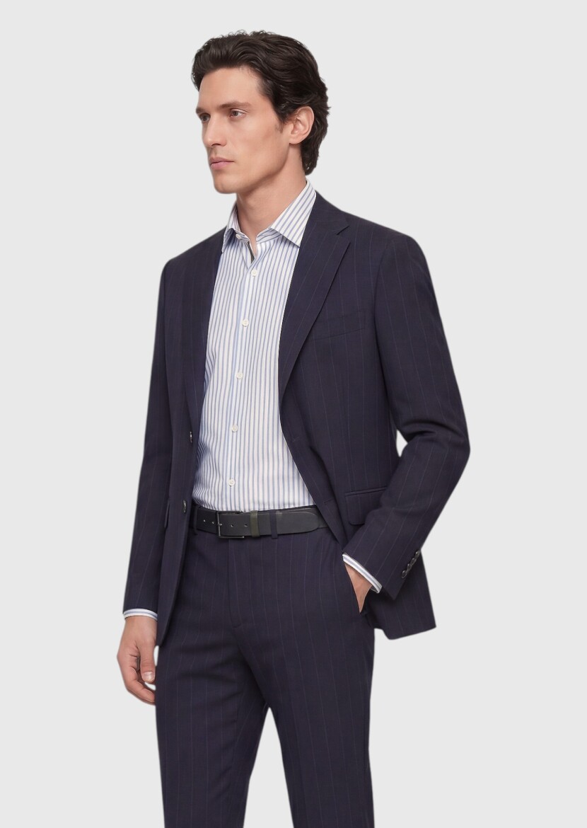 Lacivert Çizgili Zeroweight Slim Fit %100 Yün Takım Elbise - 3