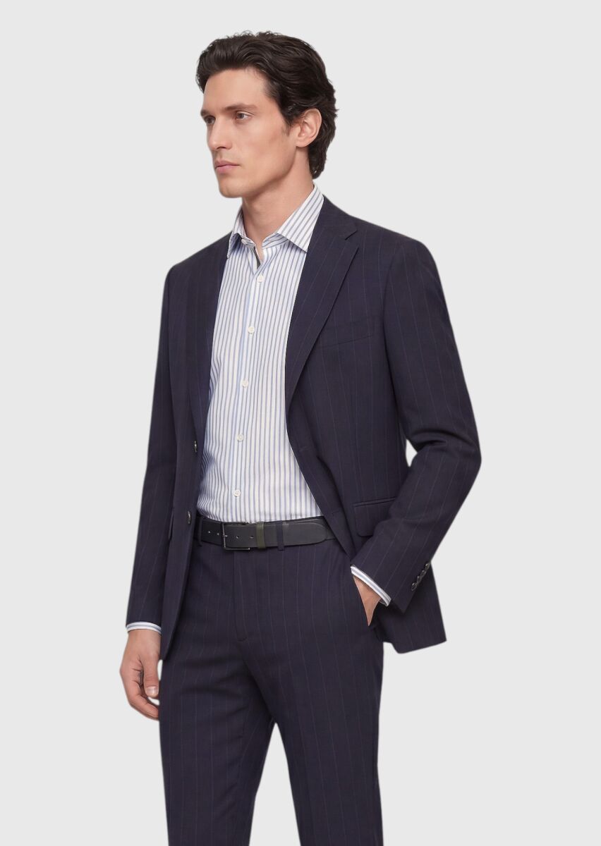 Lacivert Çizgili Zeroweight Slim Fit %100 Yün Takım Elbise - 3