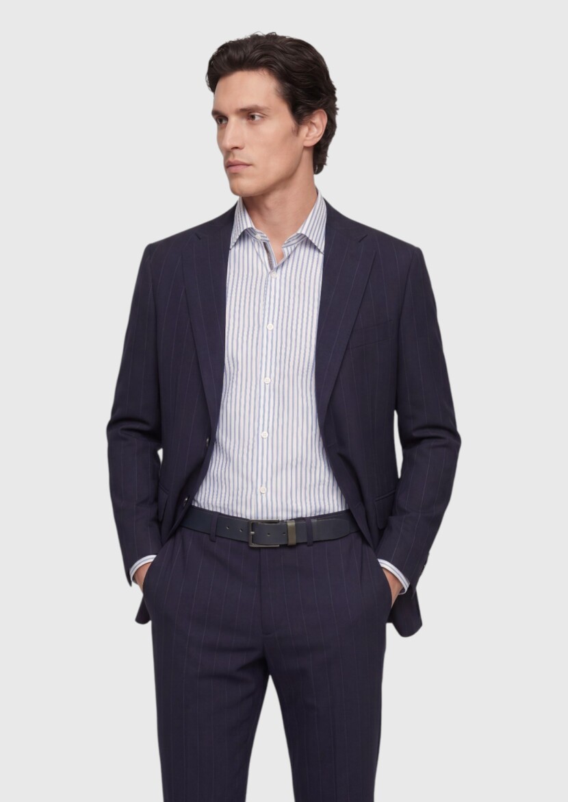 Lacivert Çizgili Zeroweight Slim Fit %100 Yün Takım Elbise - 4