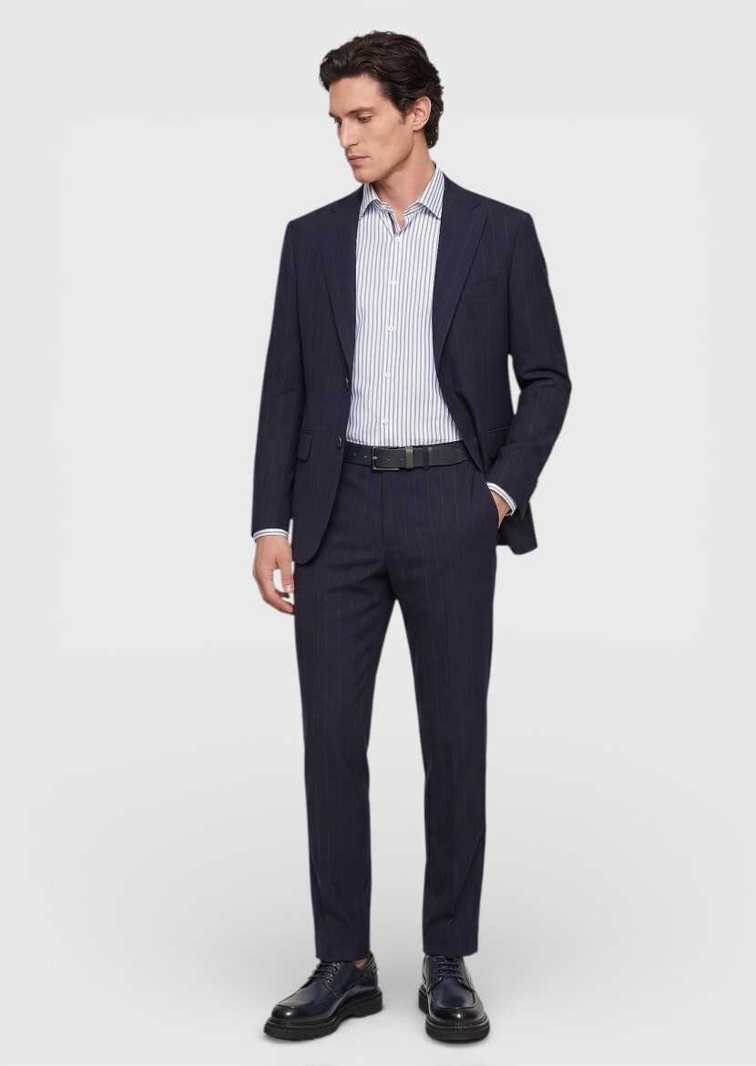 Lacivert Çizgili Zeroweight Slim Fit %100 Yün Takım Elbise - RAMSEY