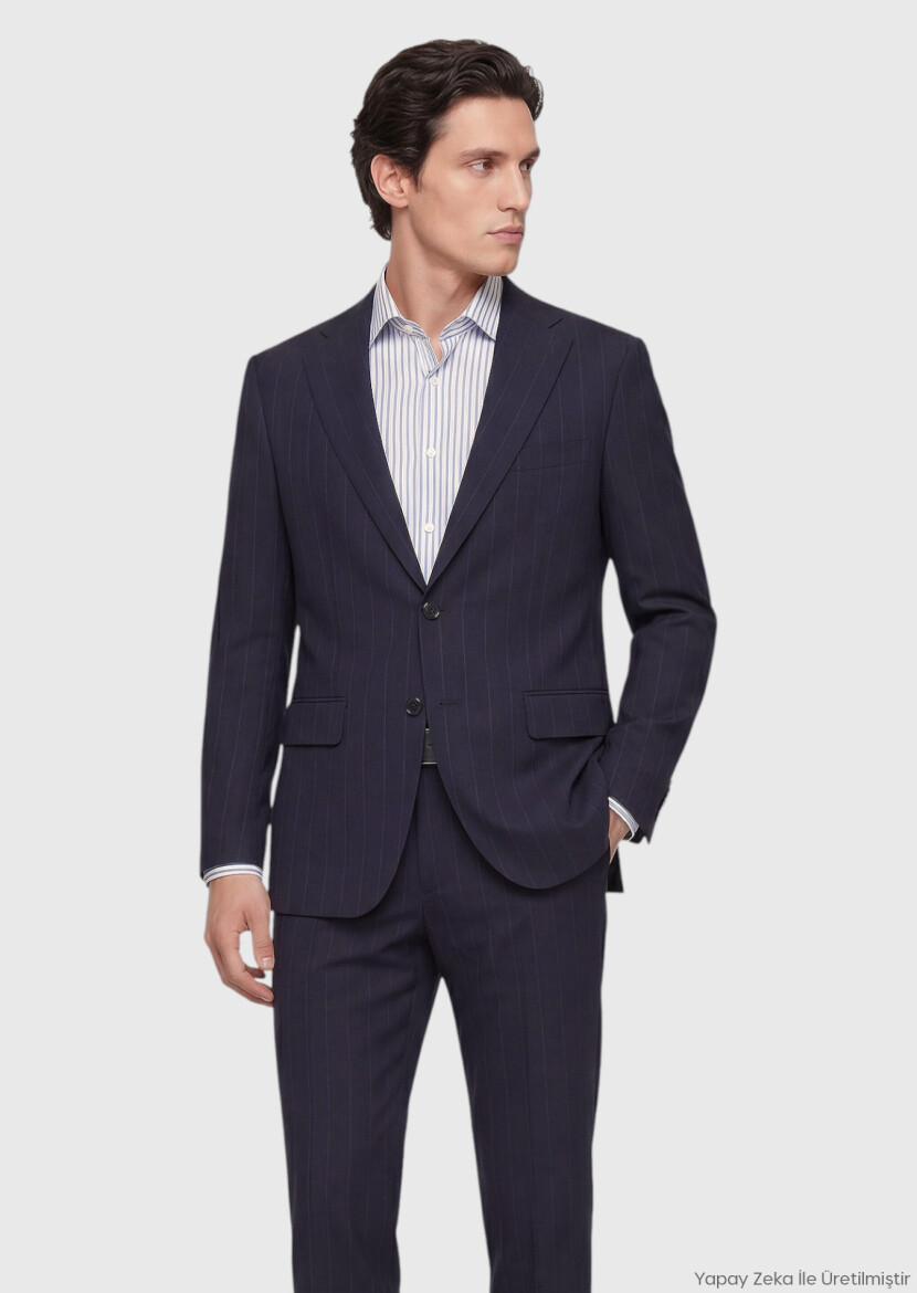 Lacivert Çizgili Zeroweight Slim Fit %100 Yün Takım Elbise - RAMSEY