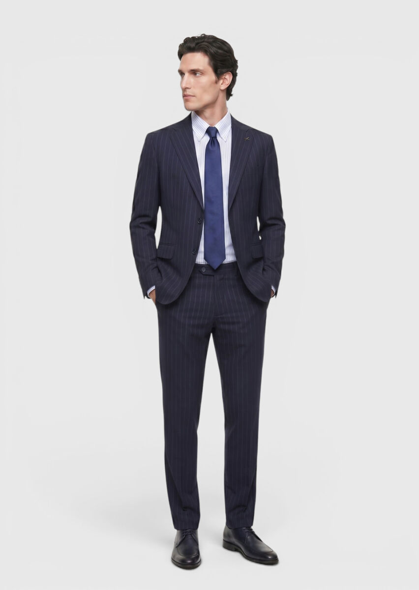 Lacivert Çizgili Zeroweight Slim Fit %100 Yün Takım Elbise - 1