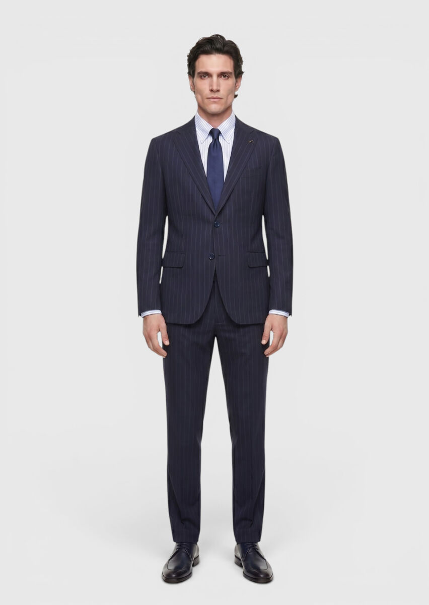 Lacivert Çizgili Zeroweight Slim Fit %100 Yün Takım Elbise - 4