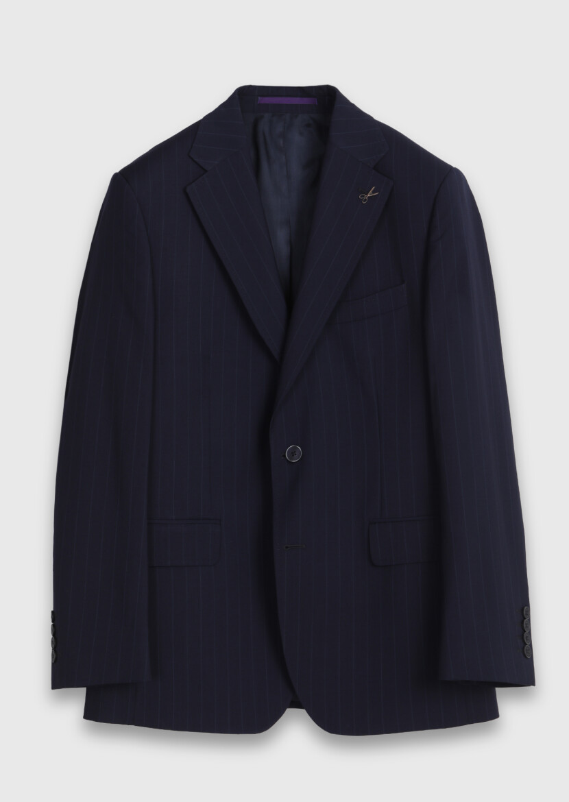 Lacivert Çizgili Zeroweight Slim Fit %100 Yün Takım Elbise - 6