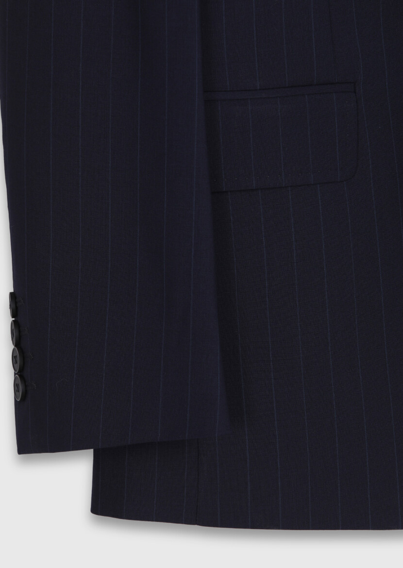Lacivert Çizgili Zeroweight Slim Fit %100 Yün Takım Elbise - 9