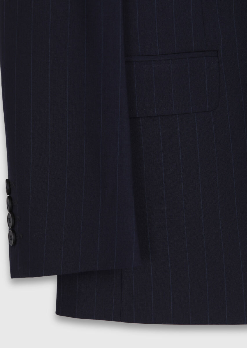Lacivert Çizgili Zeroweight Slim Fit %100 Yün Takım Elbise - 9