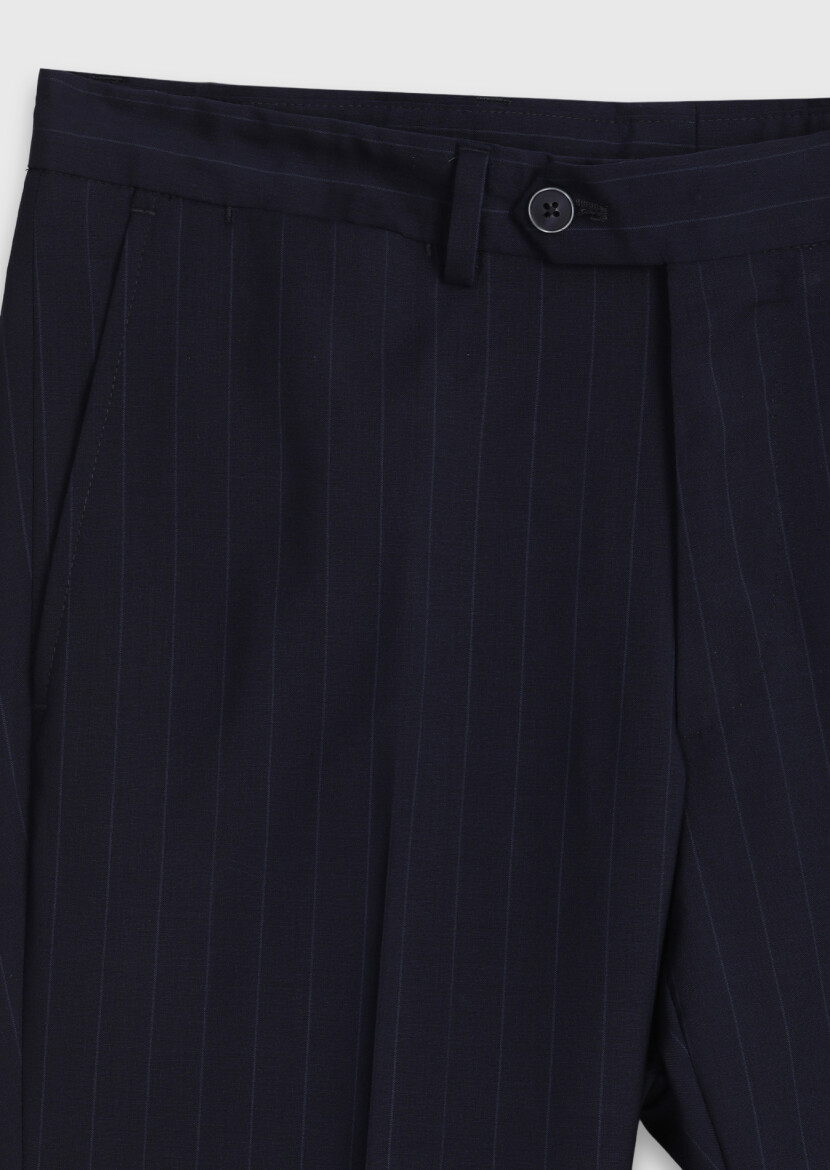 Lacivert Çizgili Zeroweight Slim Fit %100 Yün Takım Elbise - 10