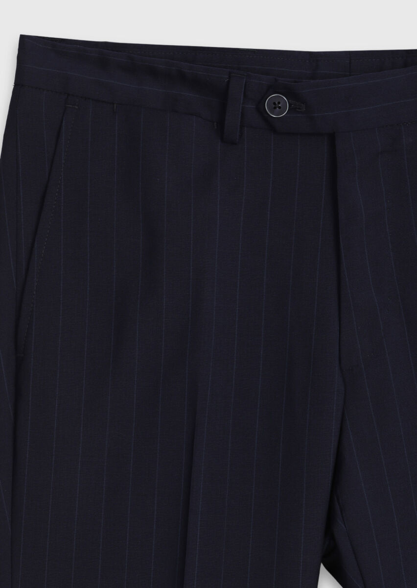 Lacivert Çizgili Zeroweight Slim Fit %100 Yün Takım Elbise - 10