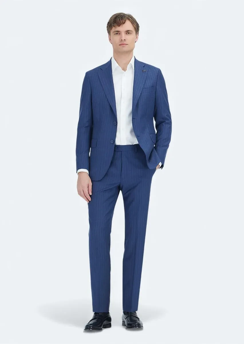 Lacivert Çizgili Zeroweight Slim Fit %100 Yün Takım Elbise - 1