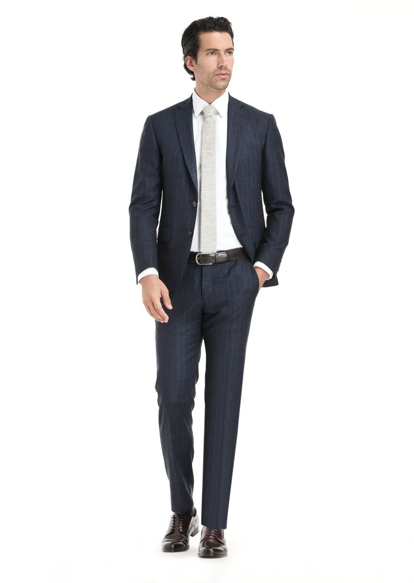 Lacivert Çizgili Zeroweight Slim Fit İpek Karışımlı Takım Elbise - 1