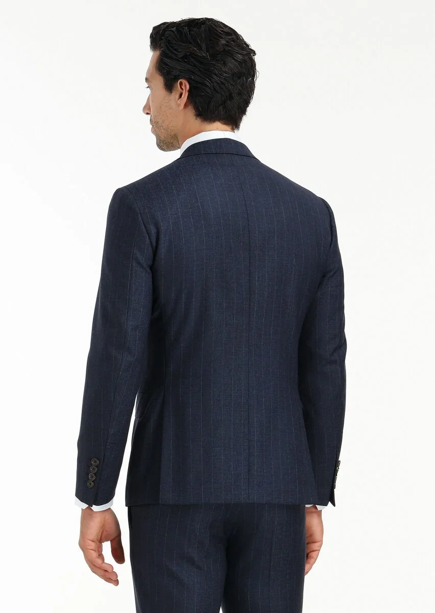 Lacivert Çizgili Zeroweight Slim Fit İpek Karışımlı Takım Elbise - 7