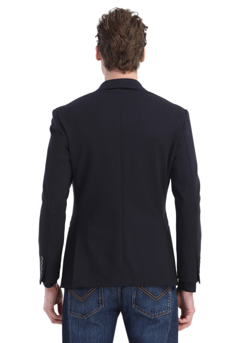 Lacivert Çizgili Zeroweight Slim Fit Örme Ceket - 7