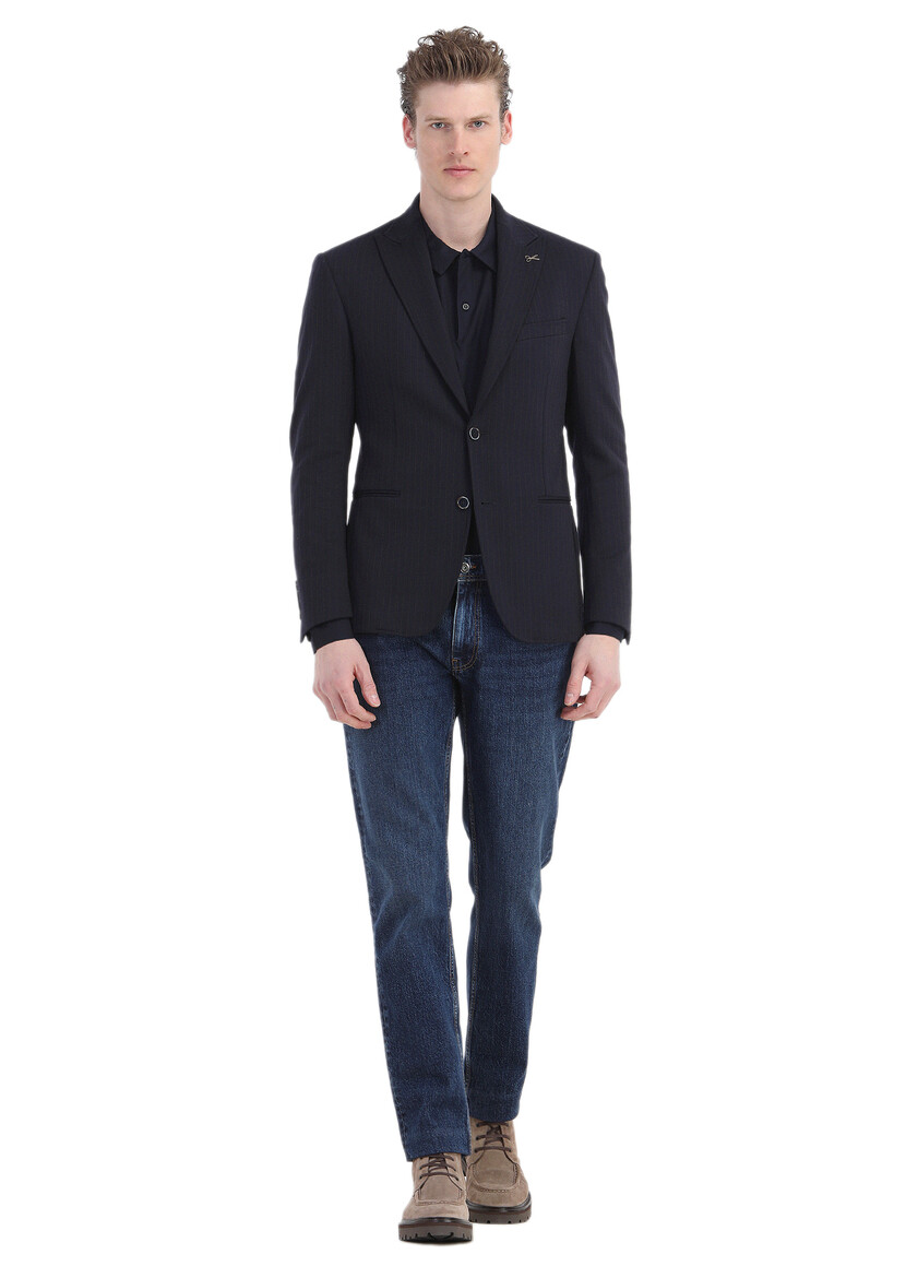 Lacivert Çizgili Zeroweight Slim Fit Örme Ceket - 2