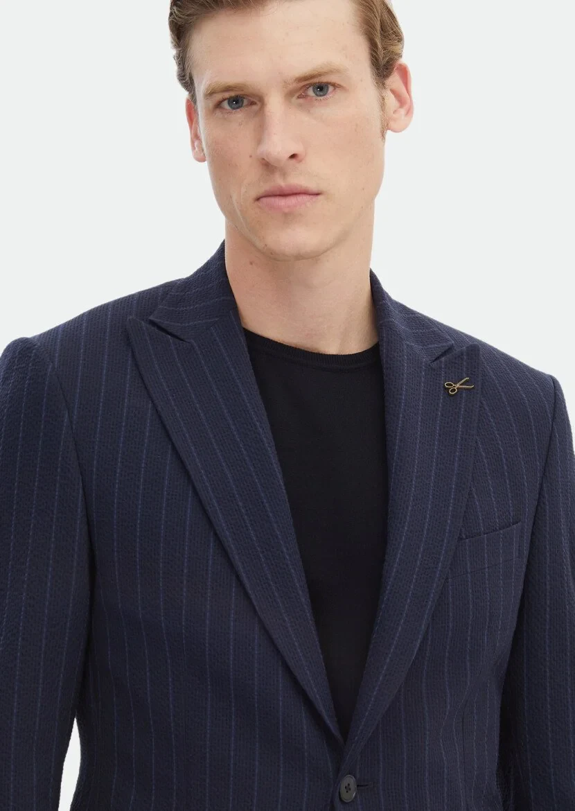 Lacivert Çizgili Zeroweight Slim Fit Pamuk Karışımlı Takım Elbise - 5
