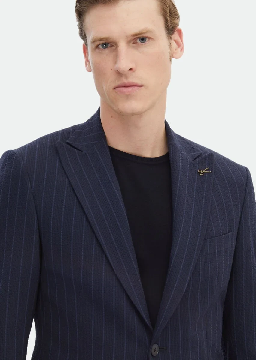 Lacivert Çizgili Zeroweight Slim Fit Pamuk Karışımlı Takım Elbise - 5