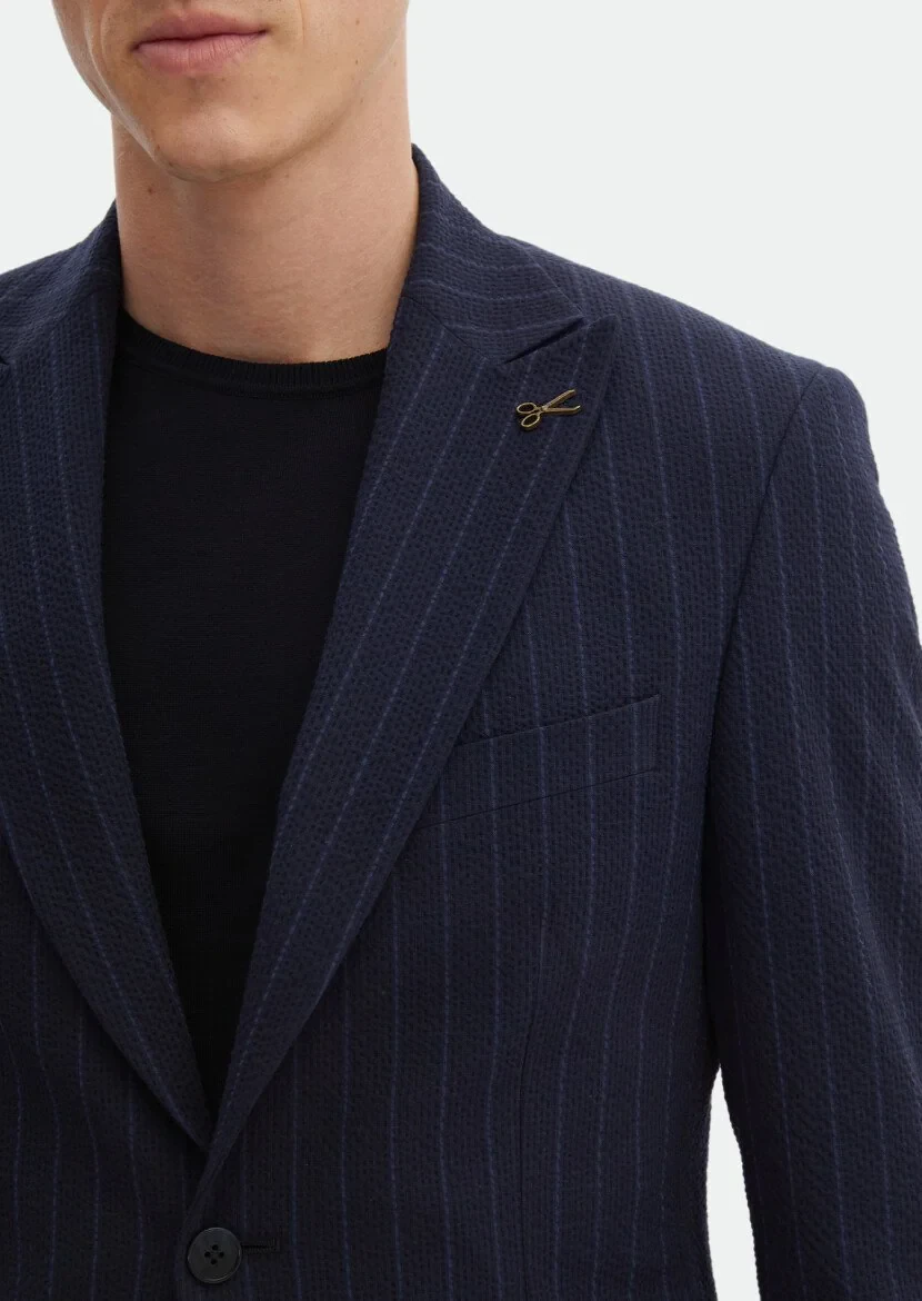 Lacivert Çizgili Zeroweight Slim Fit Pamuk Karışımlı Takım Elbise - 6
