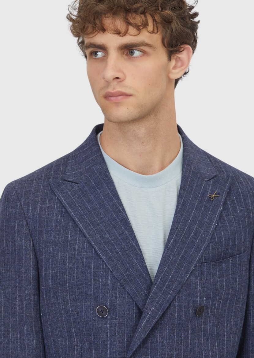 Lacivert Çizgili Zeroweight Slim Fit Pamuk Karışımlı Takım Elbise - 3