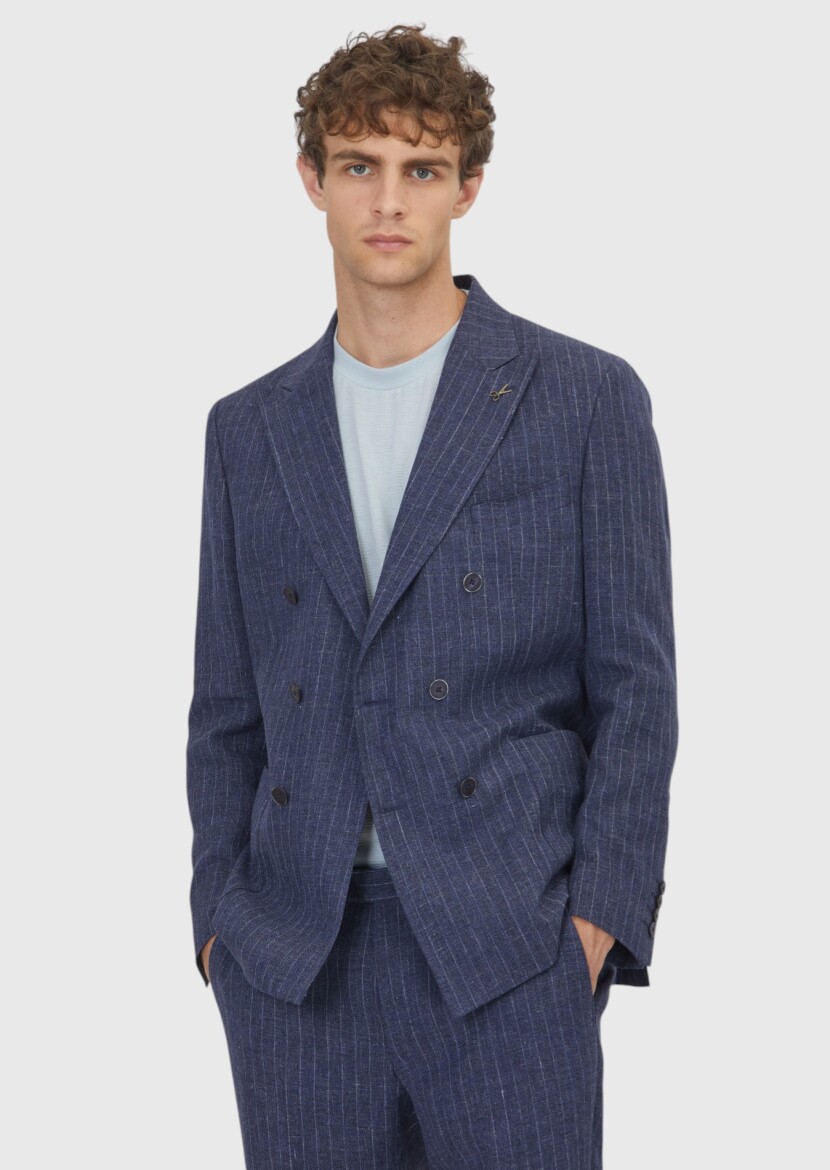 Lacivert Çizgili Zeroweight Slim Fit Pamuk Karışımlı Takım Elbise - RAMSEY