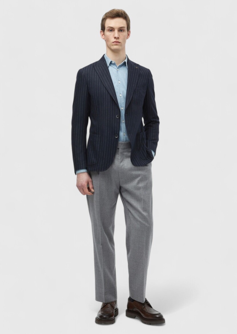 Lacivert Çizgili Zeroweight Slim Fit Yün Karışımlı Ceket - RAMSEY