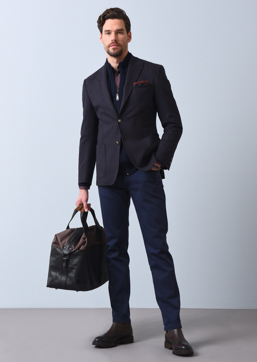 Lacivert Çizgili Zeroweight Slim Fit Yün Karışımlı Örme Ceket - 2