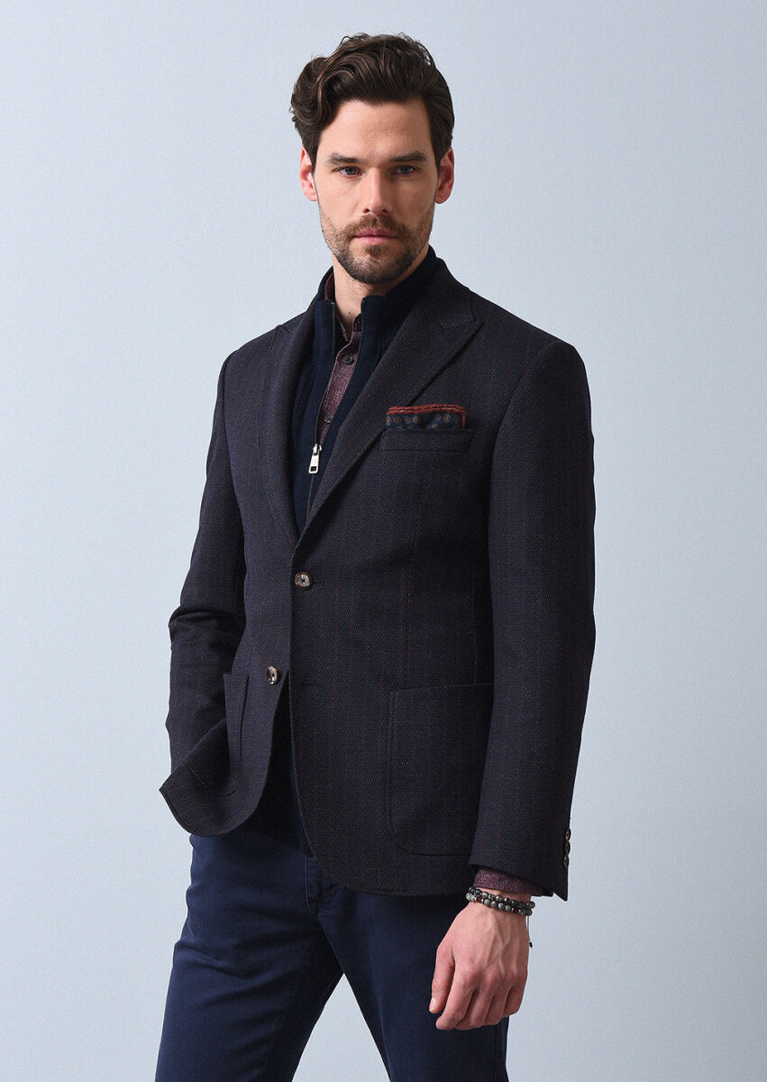 Lacivert Çizgili Zeroweight Slim Fit Yün Karışımlı Örme Ceket - 3